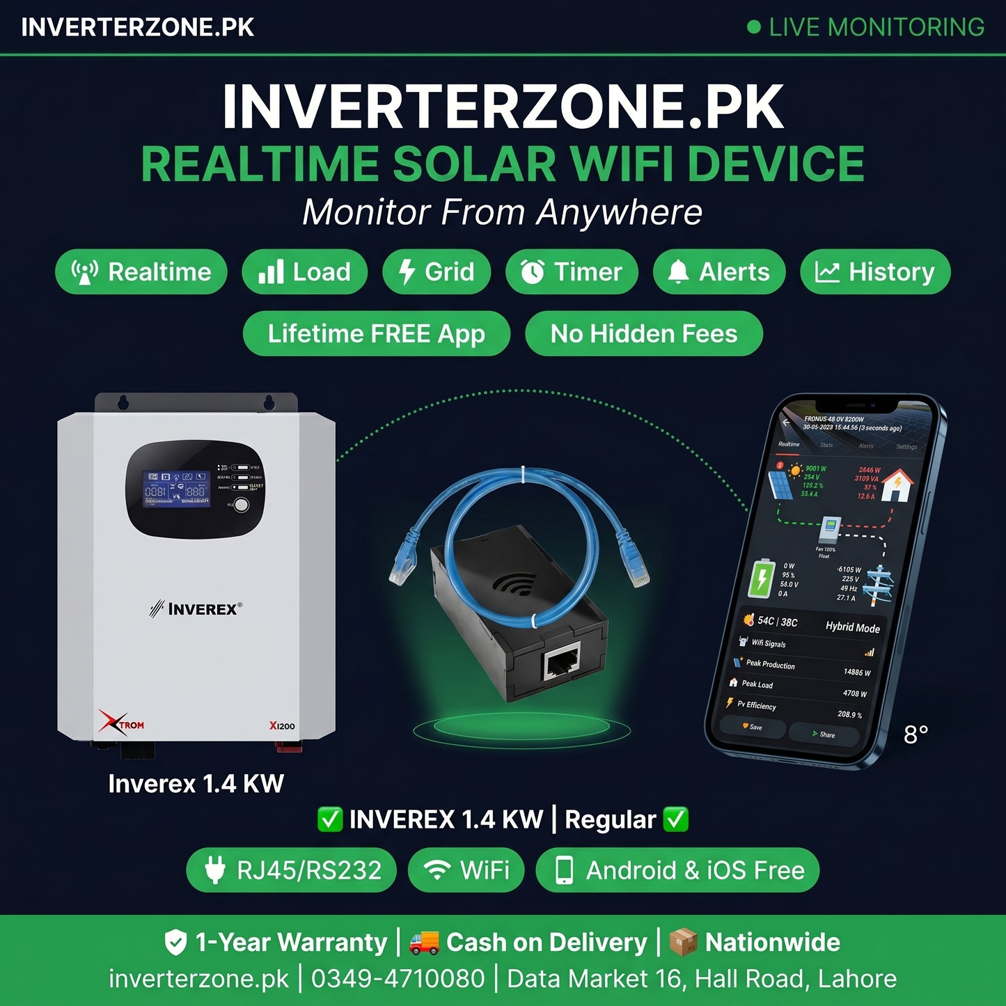 Inverterzone.PK solar WiFi device with Inverex inverter and smartphone app on a dark background