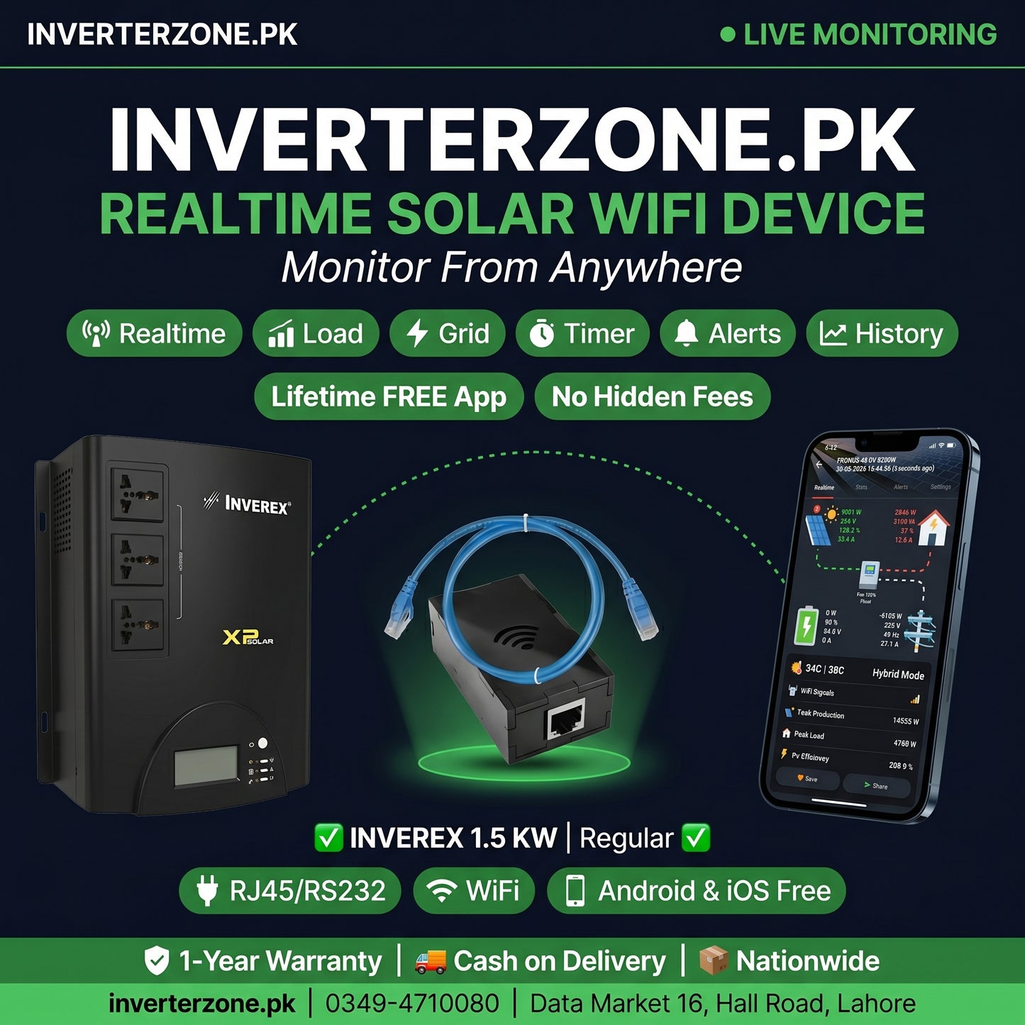 Advertisement for Inverterzone.PK solar WiFi device with hardware and smartphone app on a dark background