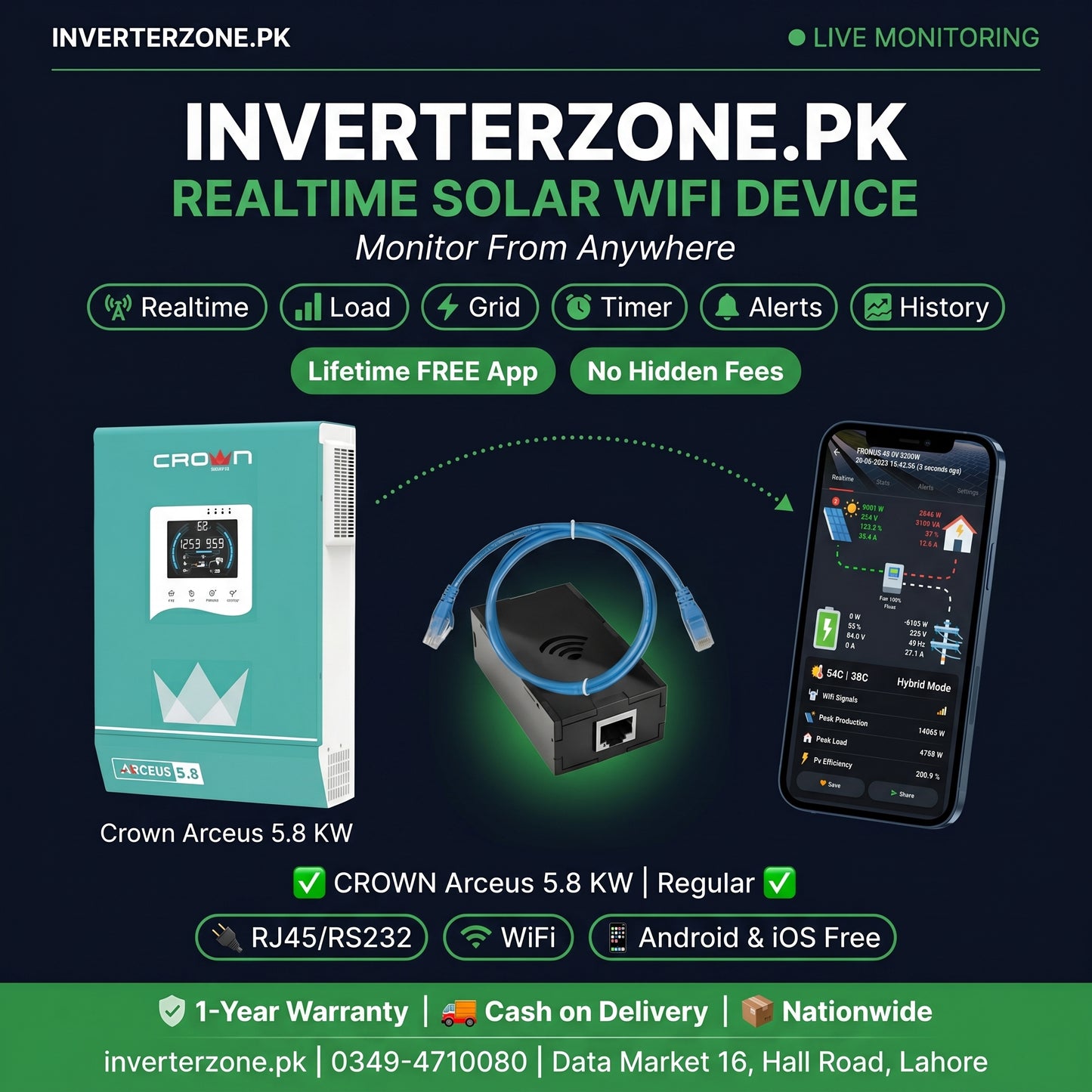 Promotional image of a solar WiFi device with packaging, device, and smartphone app interface on a dark background.