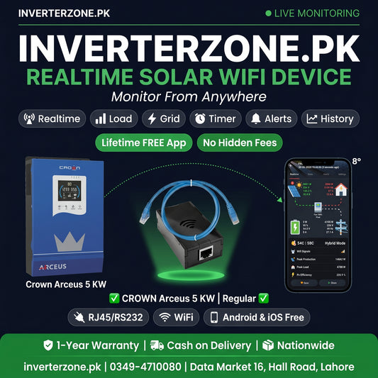 Advertisement for Inverterzone.PK with solar WiFi device and smartphone app on a dark background