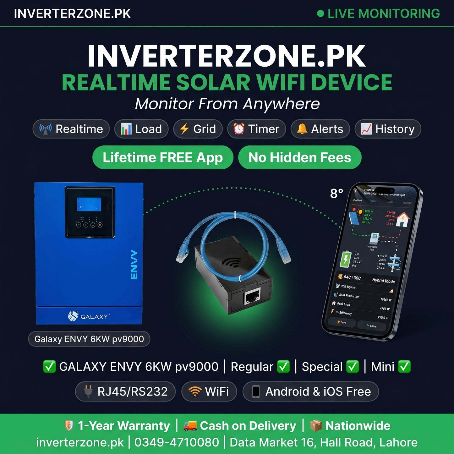 Advertisement for Inverterzone.PK real-time solar wifi device with a blue inverter, black router, and smartphone displaying app interface on a dark background.