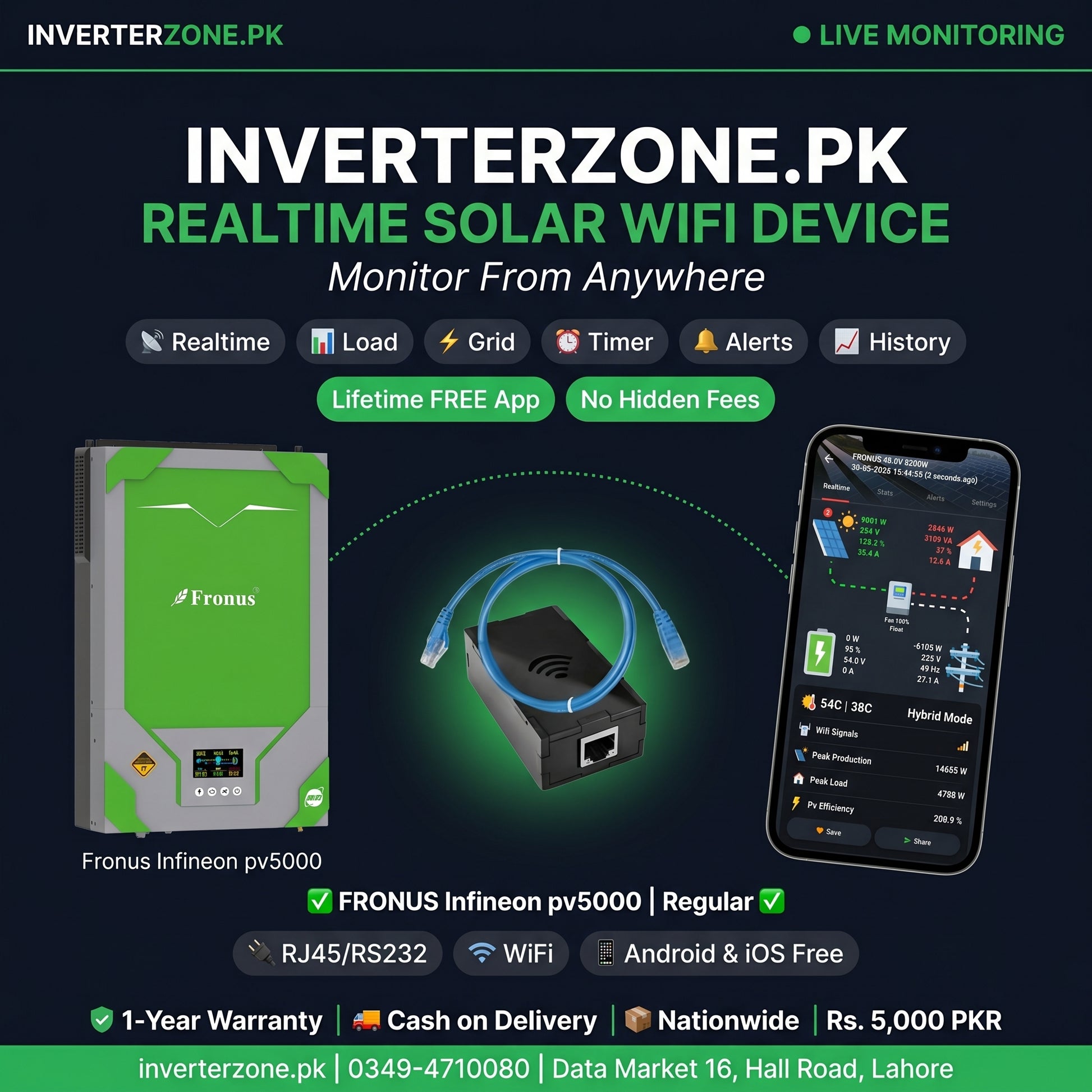 Fronus Infineon PV5000 hybrid solar inverter on a plain background