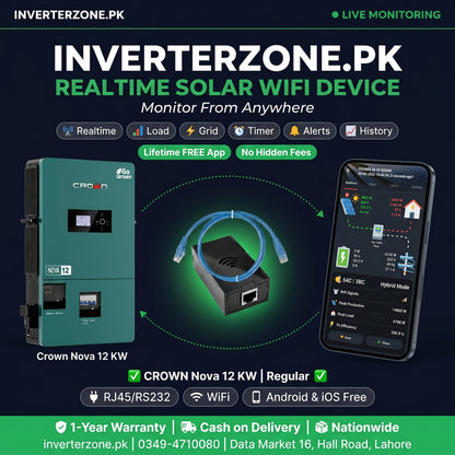 Inverterzone.PK solar WiFi device with smartphone app on a dark background