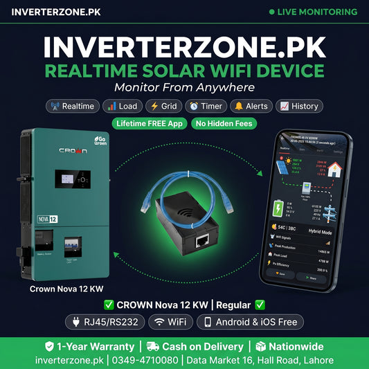 Inverterzone.PK solar WiFi device with smartphone app on a dark background