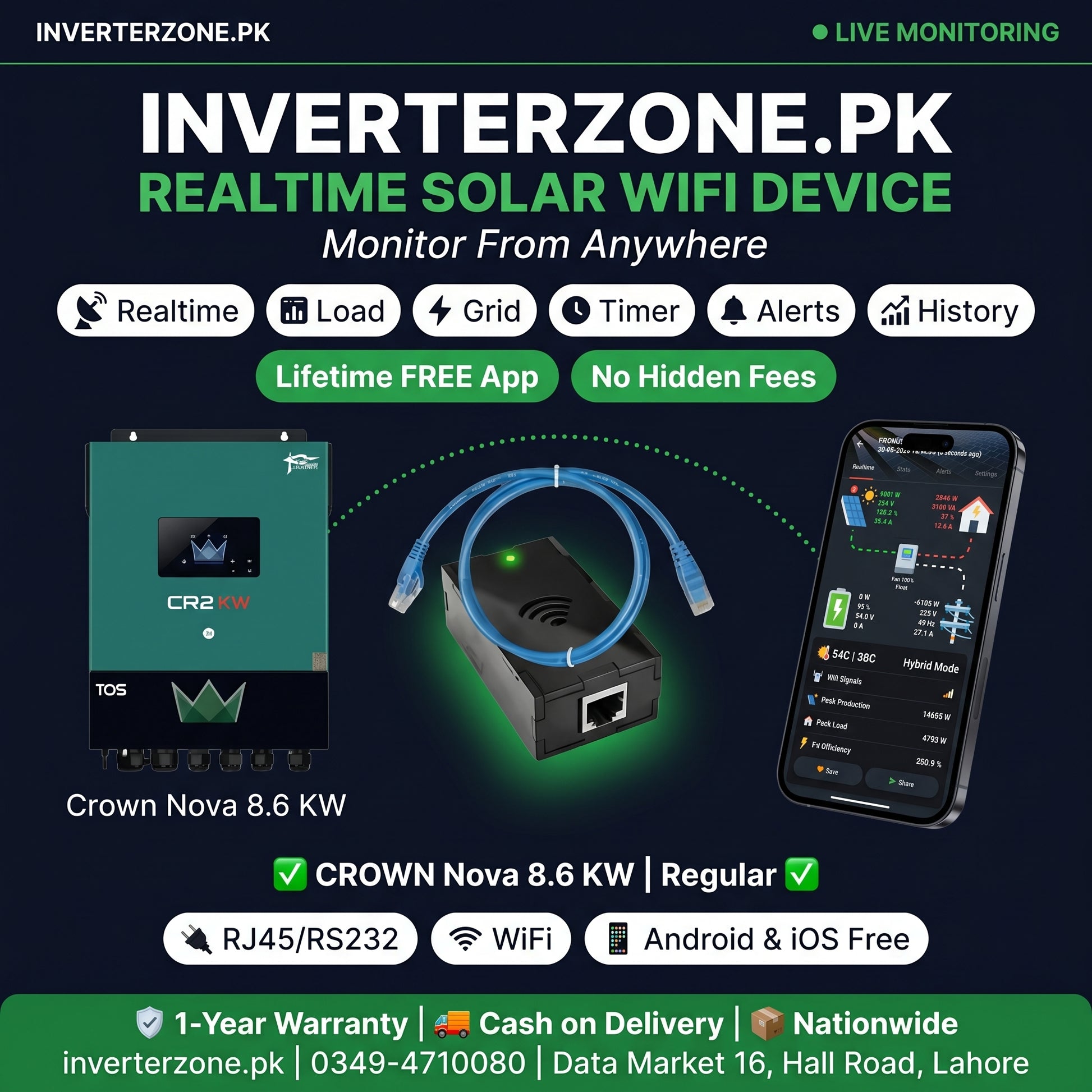 Advertisement for Inverterzone.PK real-time solar WiFi device with product and smartphone app display.