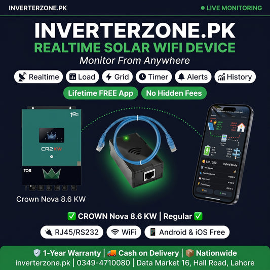 Advertisement for Inverterzone.PK real-time solar WiFi device with product and smartphone app display.