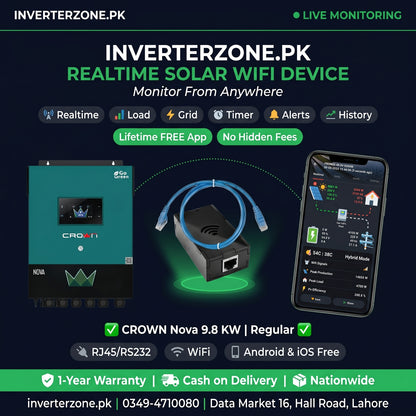 Advertisement for Inverterzone.PK solar WiFi device with a monitor, device, and smartphone app on a dark background.