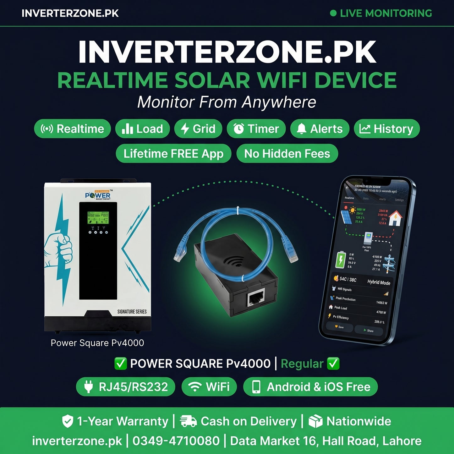 Advertisement for Inverterzone.PK solar WiFi device with product and smartphone display on a dark background.