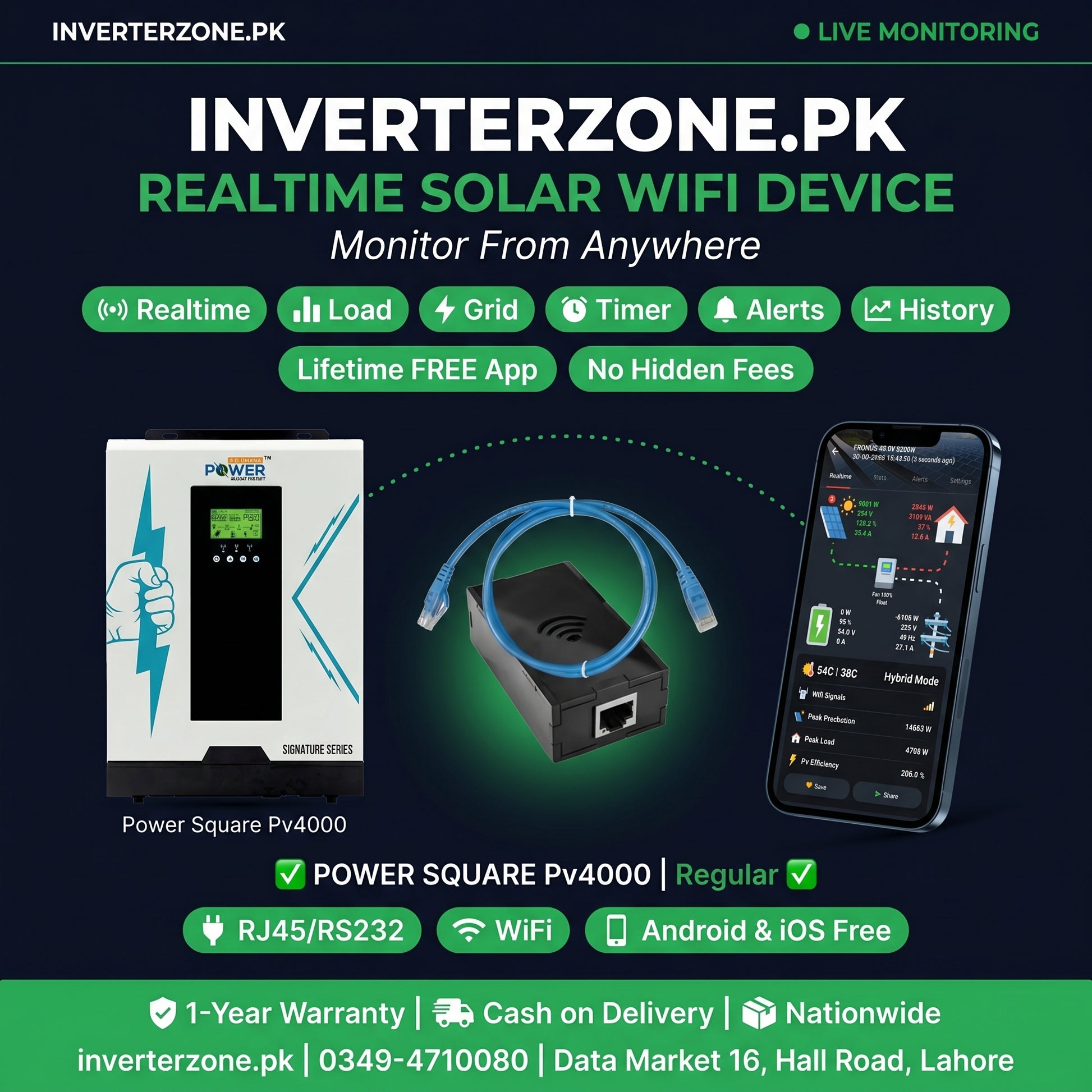 Advertisement for Inverterzone.PK solar WiFi device with product and smartphone display on a dark background.