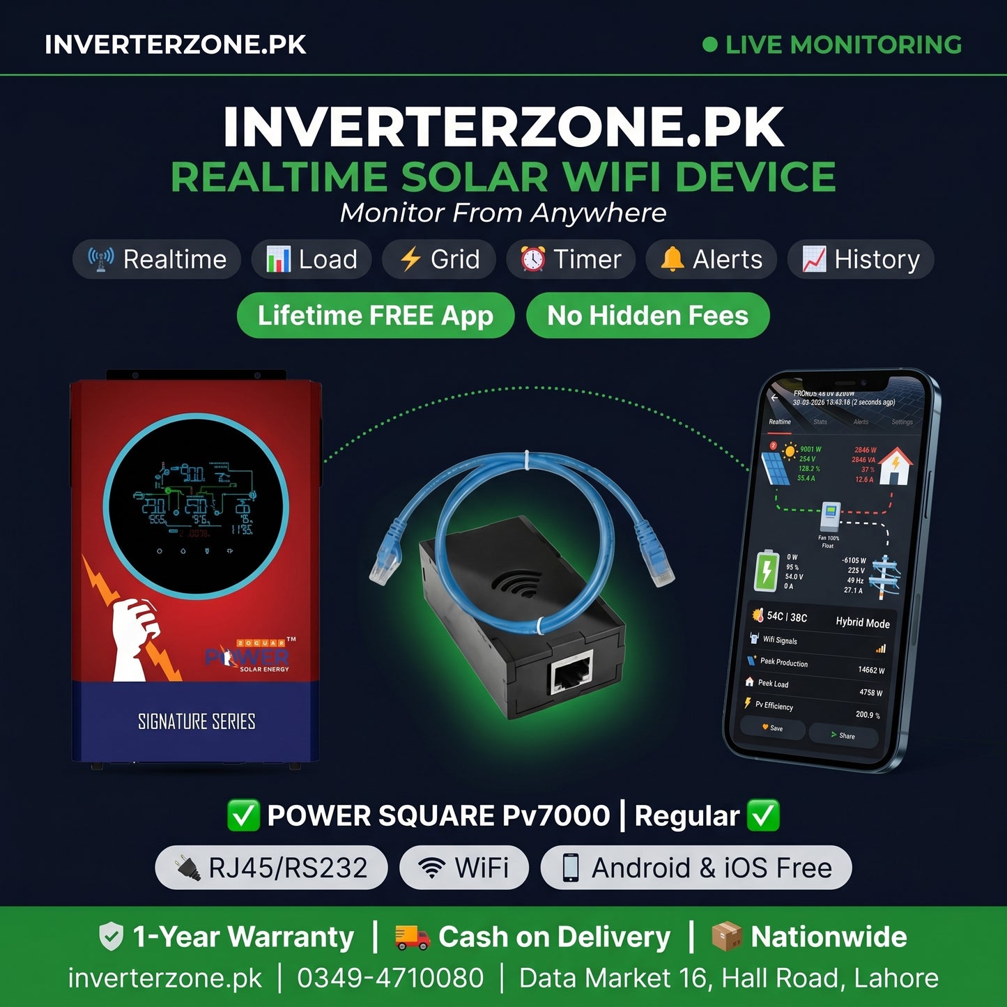 Inverterzone.PK solar WiFi device with smartphone app on a dark background
