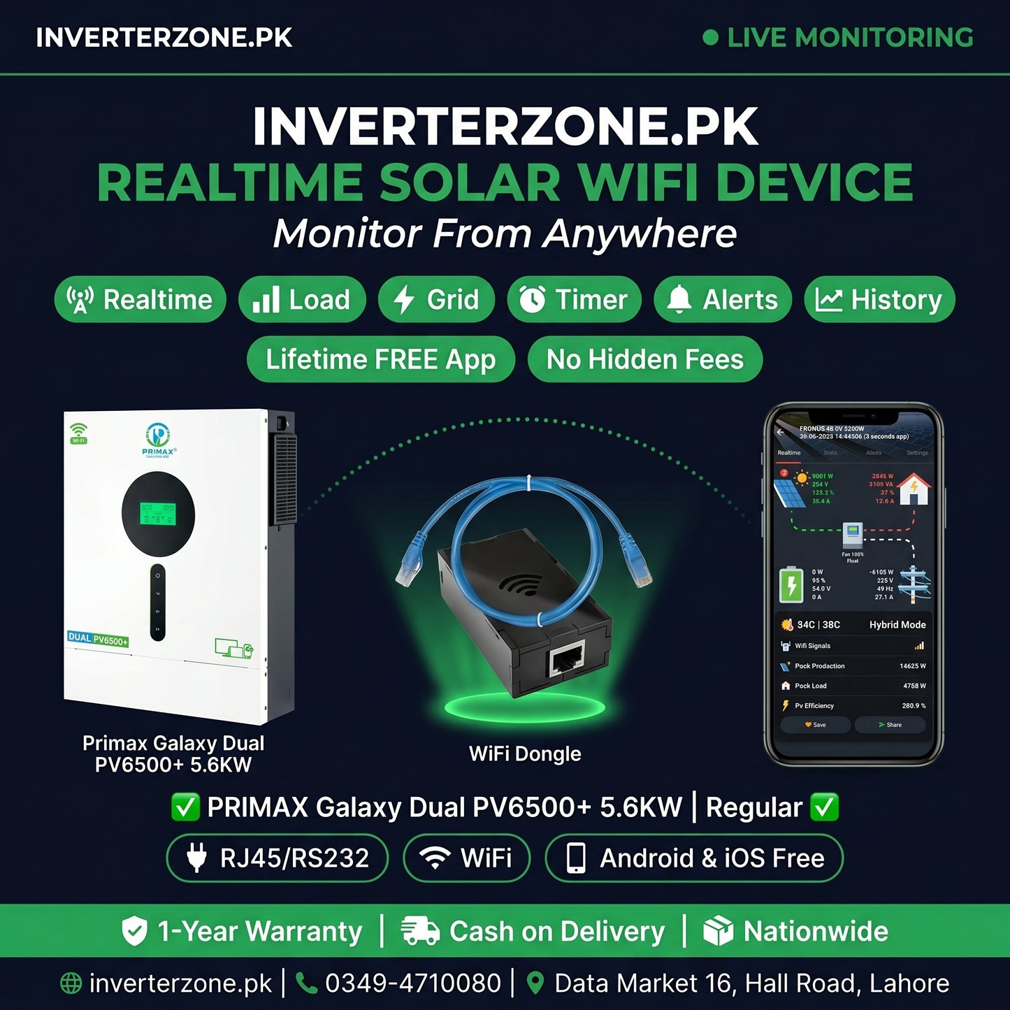 Advertisement for Inverterzone.PK real-time solar WiFi device with hardware and smartphone app display.