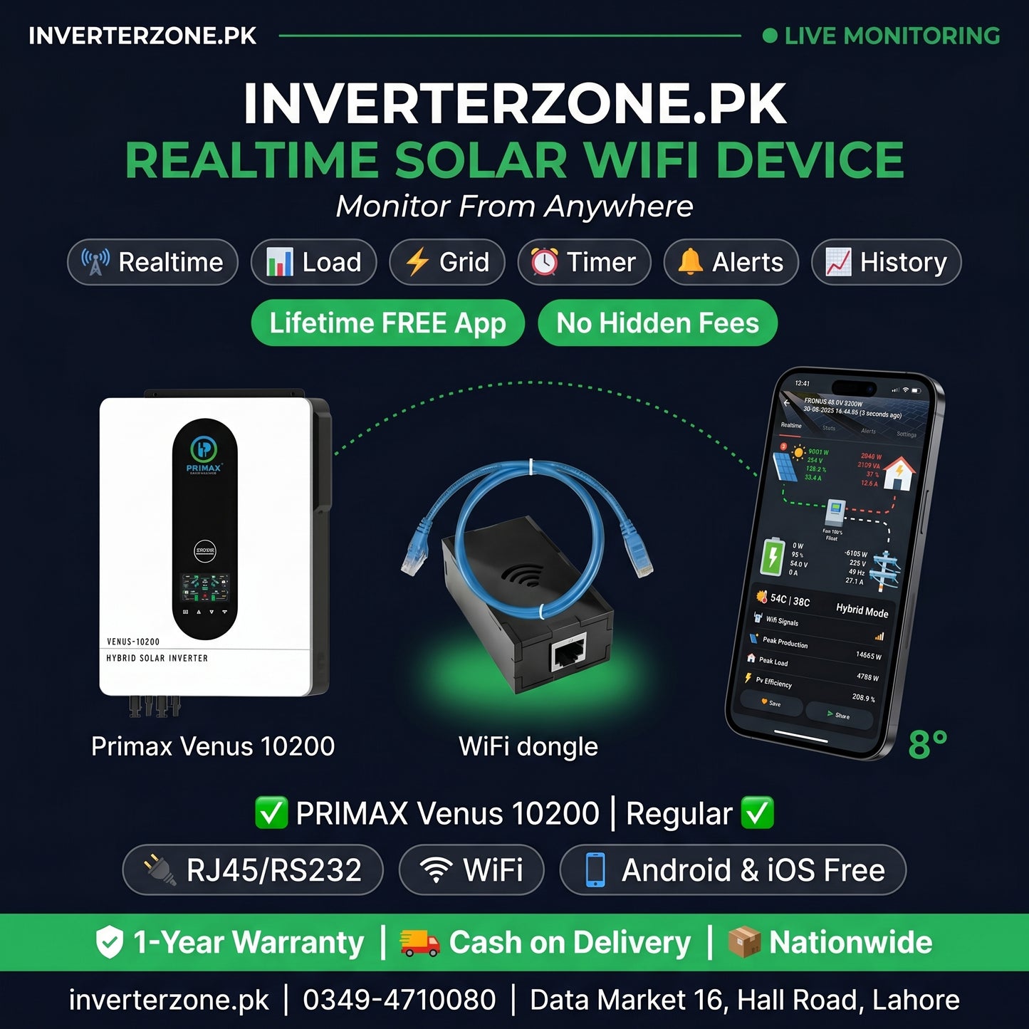 Advertisement for Inverterzone.PK solar WiFi device with product and smartphone app on a dark background