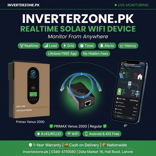 Promotional image of a solar WiFi device with smartphone app on a dark background