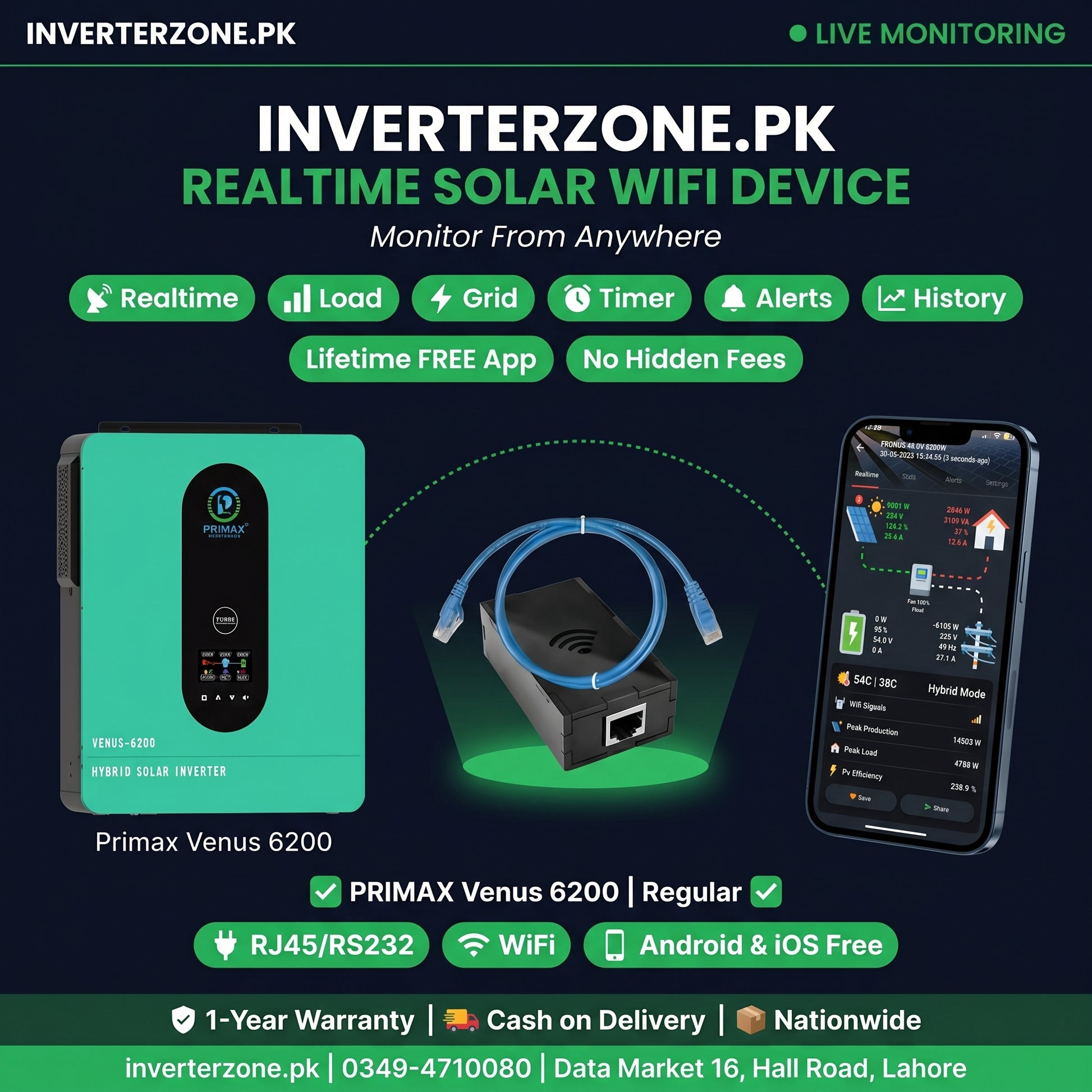 Promotional image of Primax Venus 6200 solar inverter with smartphone app on a dark background.