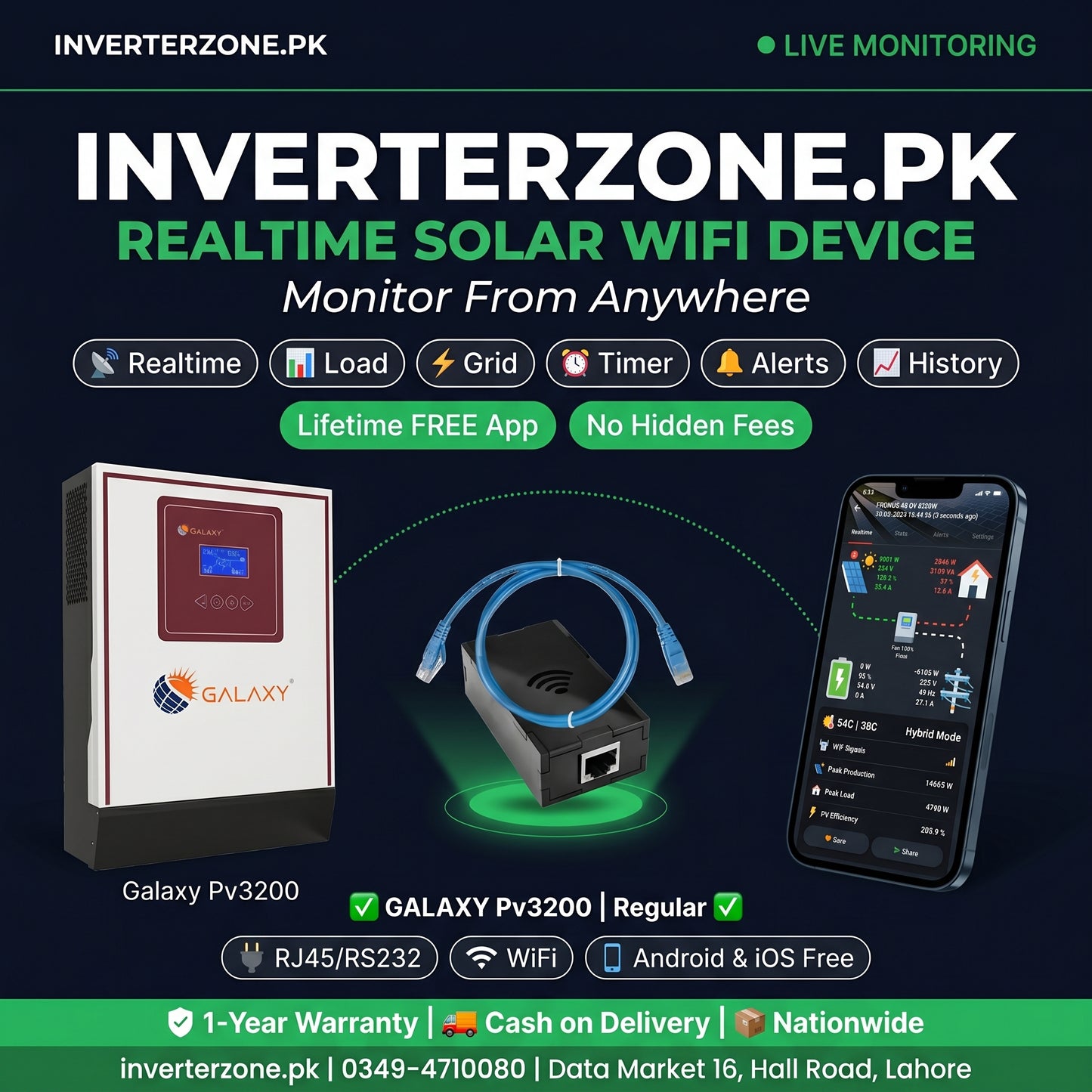 Advertisement for Inverterzone.PK solar WiFi device with a Galaxy Pv3200 inverter and smartphone app.