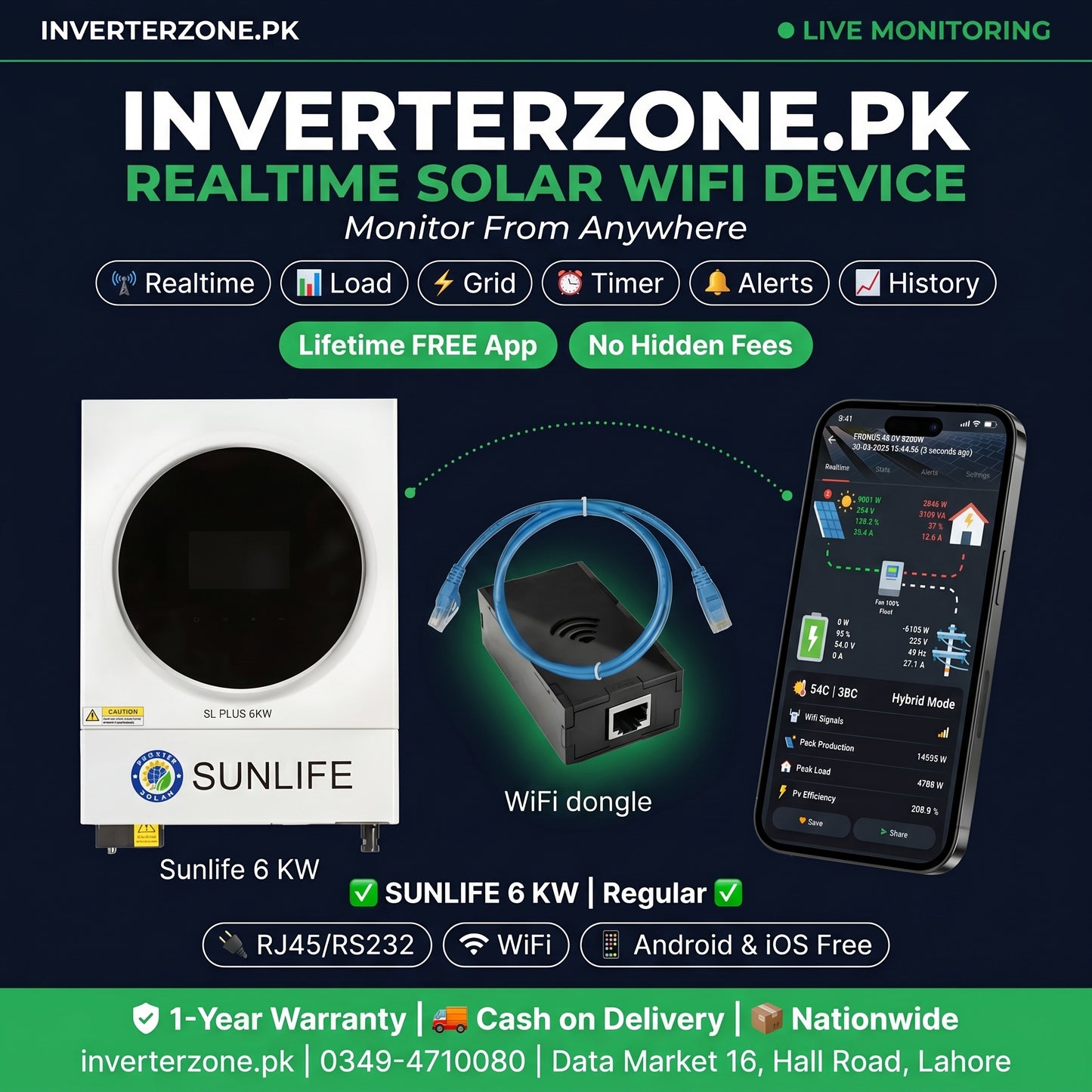 Advertisement for Inverterzone.PK solar WiFi device with Sunlife 6 kW inverter and smartphone app.