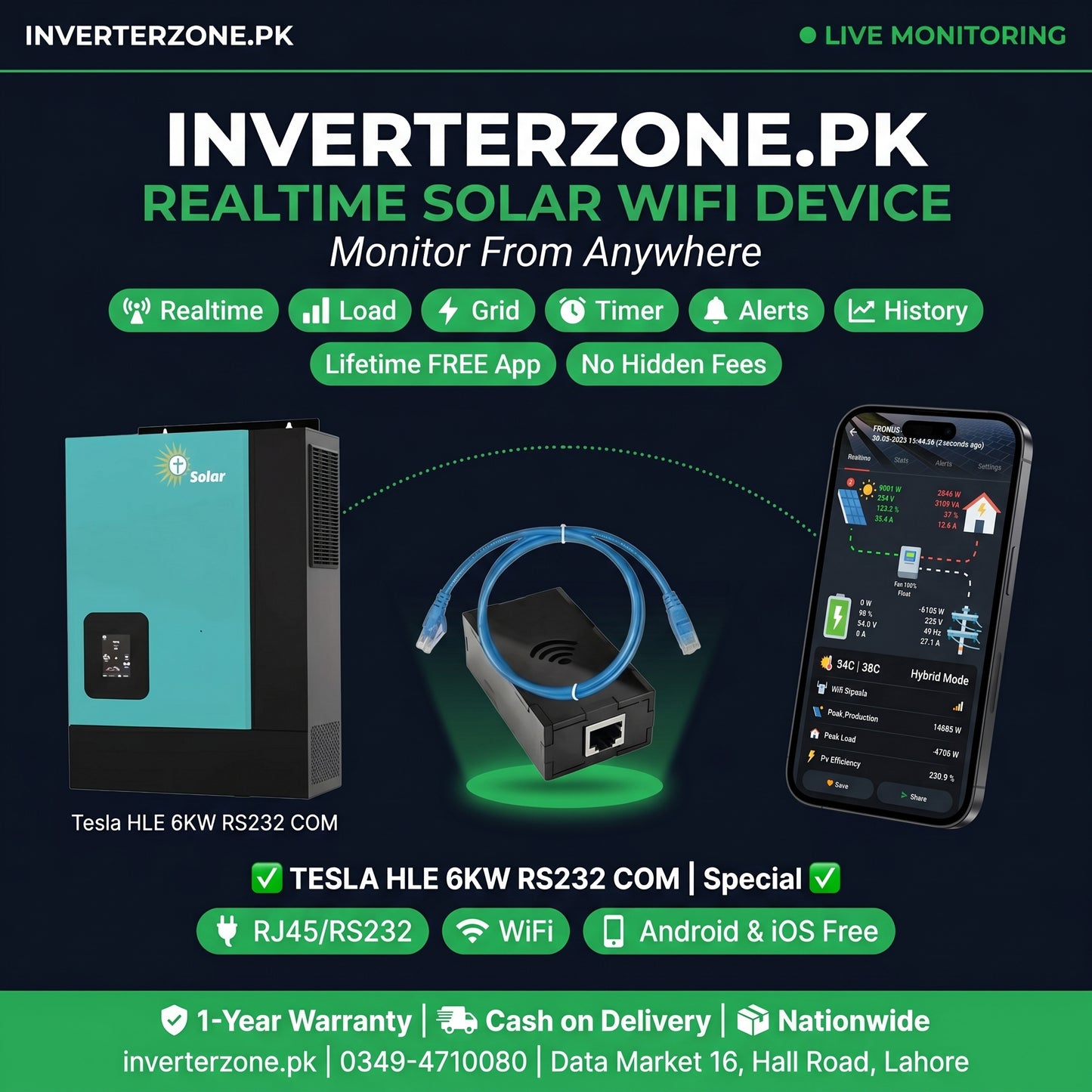 Advertisement for Inverterzone.PK solar WiFi device with Tesla HLE 6KW RS232 COM inverter and smartphone app.