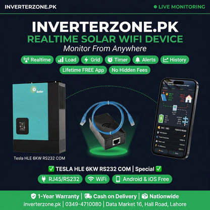 Advertisement for Inverterzone.PK solar WiFi device with Tesla HLE 6KW RS232 COM inverter and smartphone app.