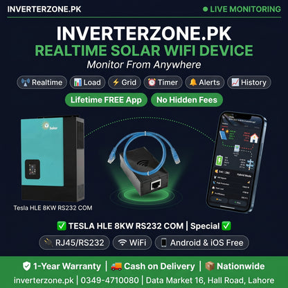 Advertisement for Inverterzone.PK solar WiFi device with Tesla HLE 8KW RS232 COM, smartphone app, and key features.