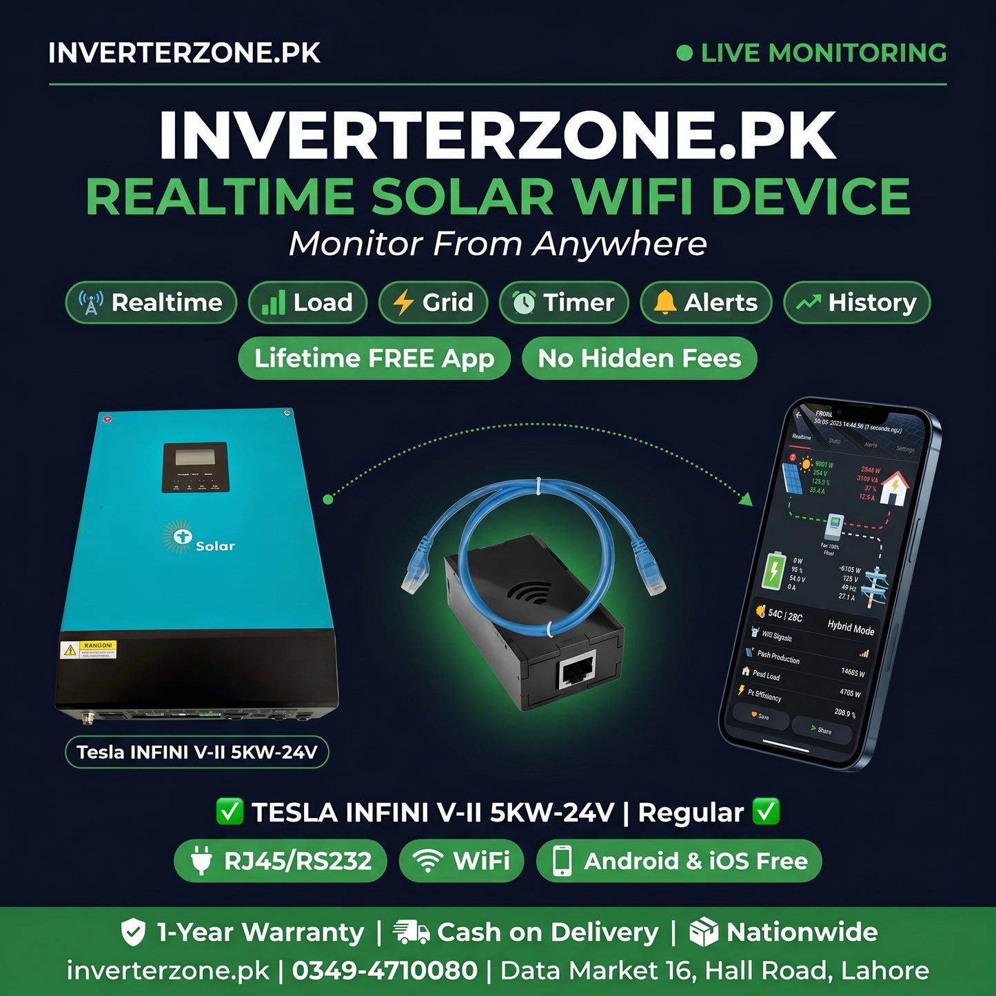 Advertisement for Inverterzone.PK solar WiFi device with Tesla INFINI V-II 5KW-24V inverter and smartphone app.