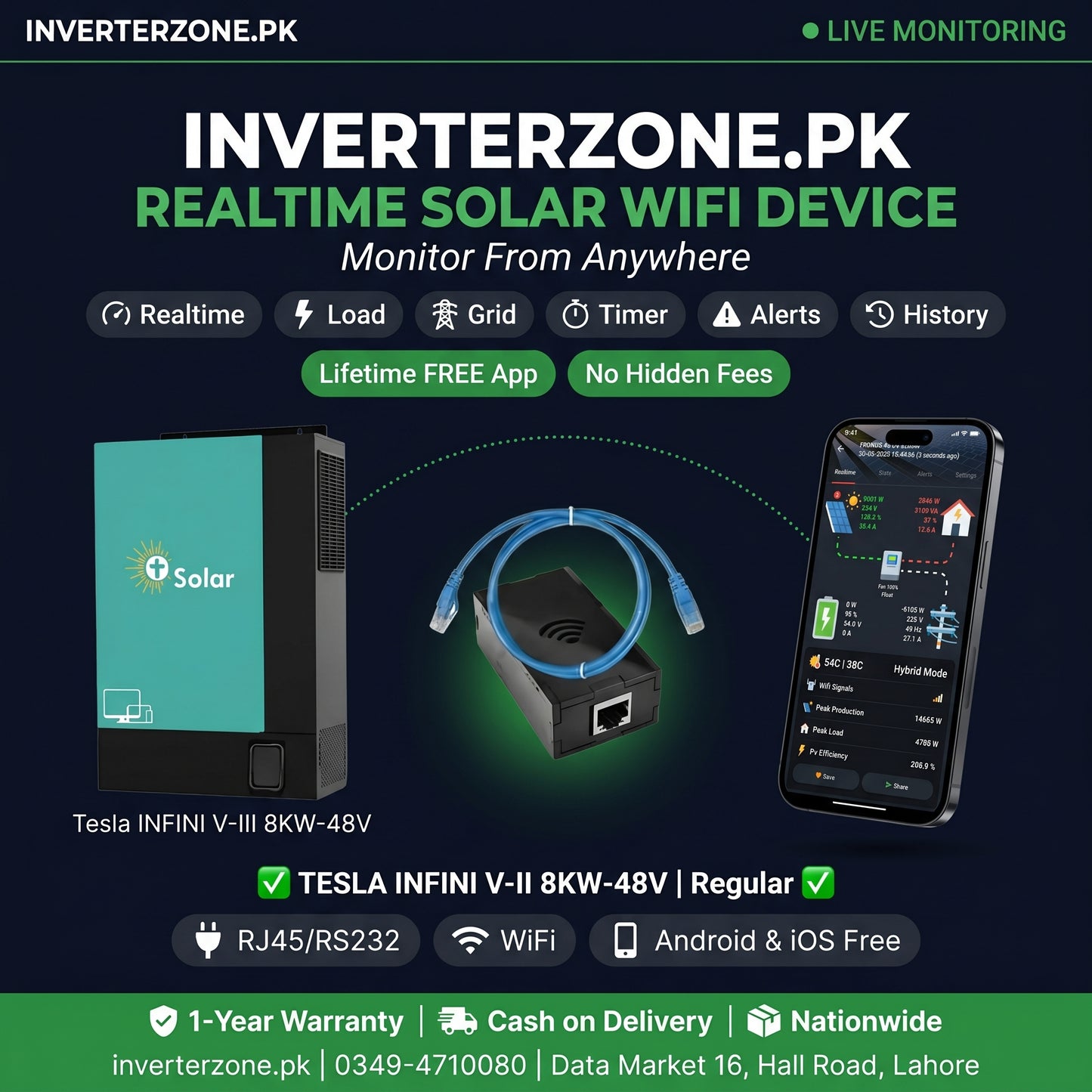 Advertisement for Inverterzone.PK solar WiFi device with Tesla INFINI V-II 8KW-48V inverter and smartphone app.