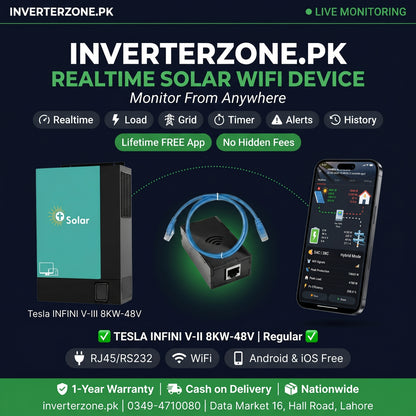 Advertisement for Inverterzone.PK solar WiFi device with Tesla INFINI V-II 8KW-48V inverter and smartphone app.