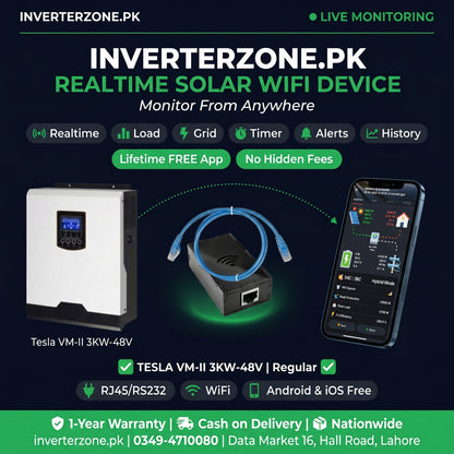 Advertisement for Inverterzone.PK solar WiFi device with Tesla VM-II 3KW-48V inverter, smartphone app, and key features.