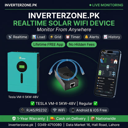 Advertisement for Inverterzone.PK solar WiFi device with Tesla VM-II 5KW-48V inverter and smartphone app on a dark background.