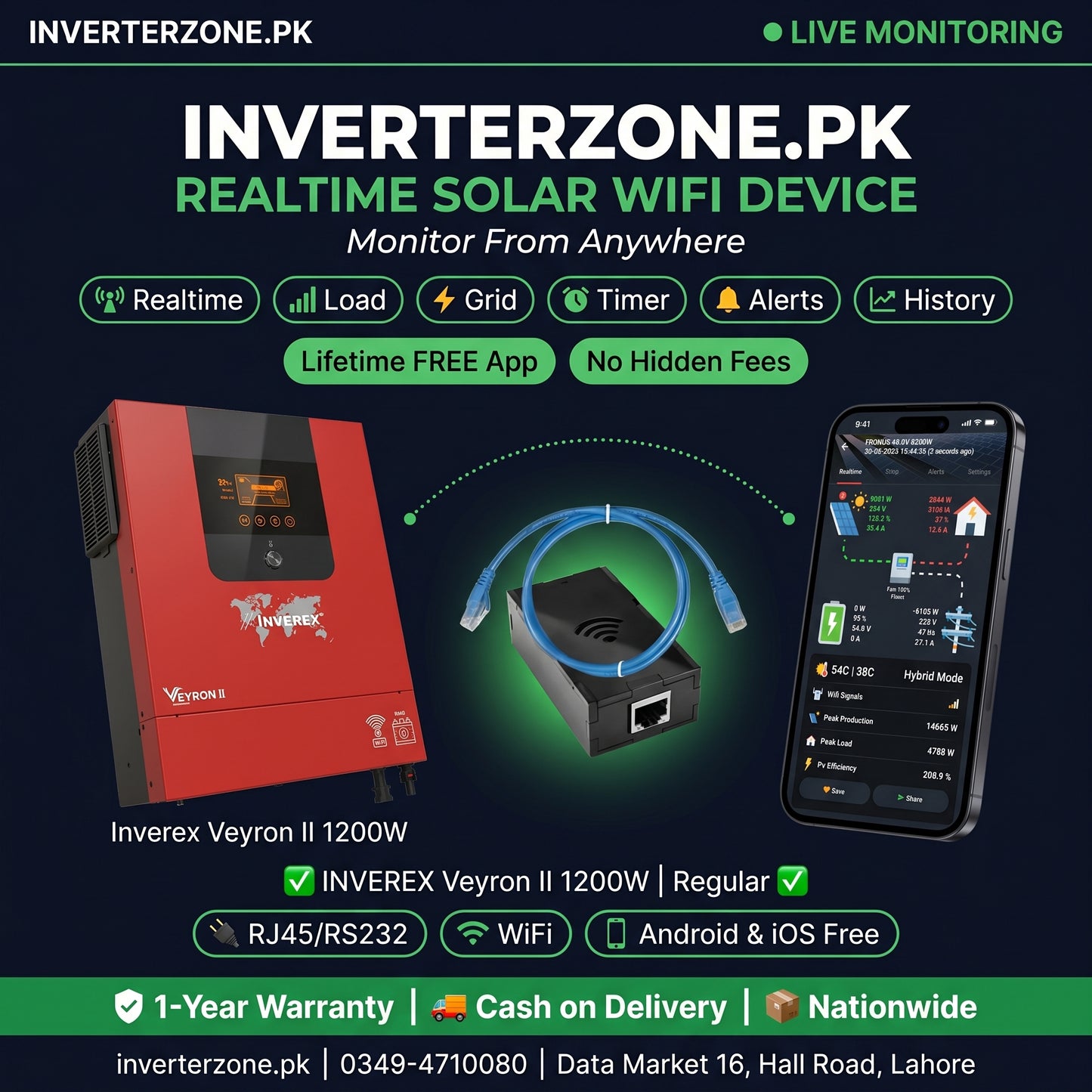 Inverterzone.PK solar WiFi device with red inverter and smartphone app on a dark background