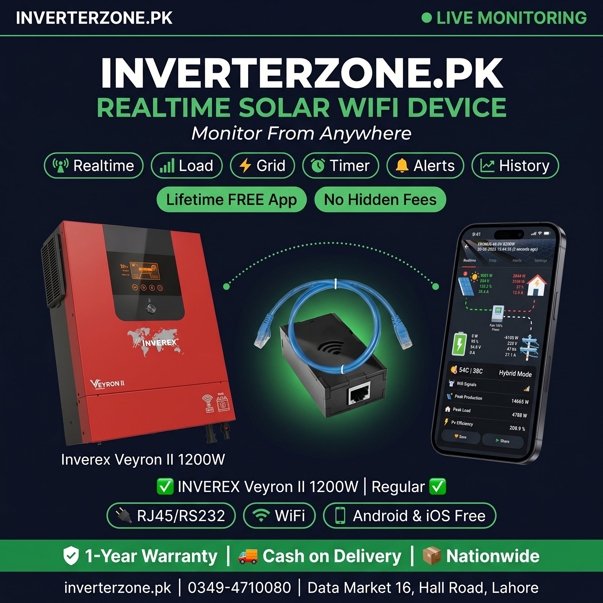 Inverterzone.PK solar WiFi device with red inverter and smartphone app on a dark background