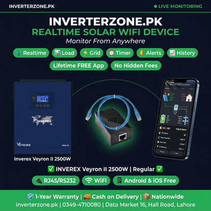 Inverterzone.PK advertisement for solar WiFi device with Inverex Veyron II 2500W inverter and smartphone app.