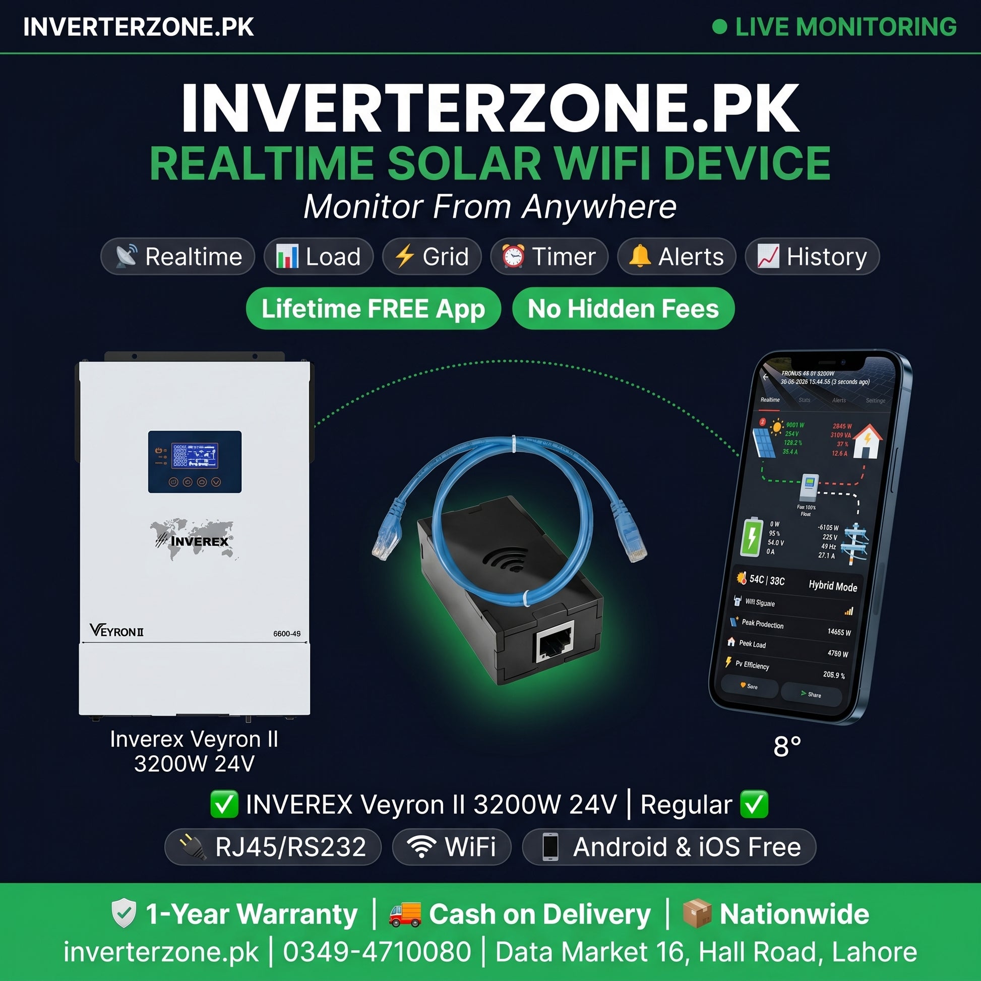 Inverterzone.PK solar WiFi device with smartphone app on a dark background