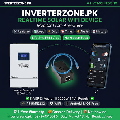 Inverterzone.PK solar WiFi device with smartphone app on a dark background