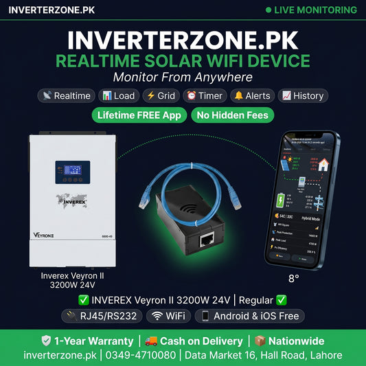 Inverterzone.PK solar WiFi device with smartphone app on a dark background