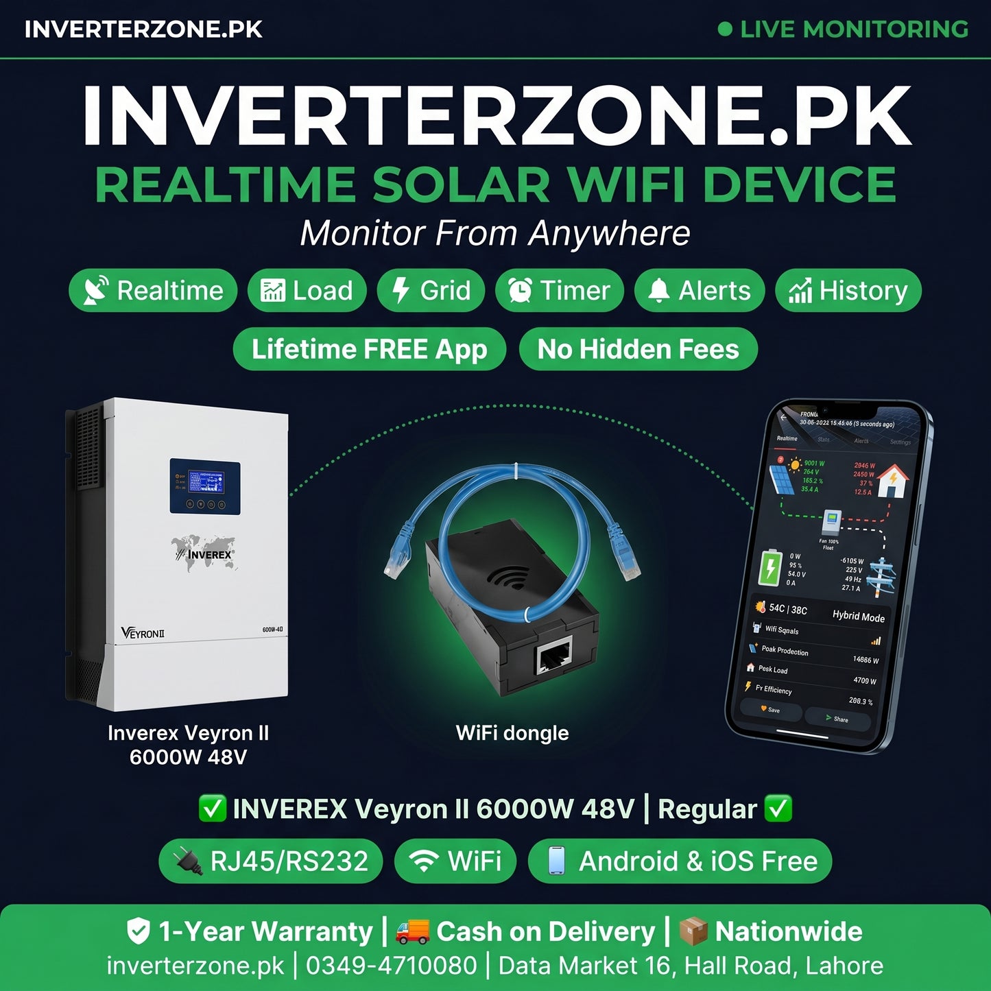 Advertisement for Inverterzone.PK solar WiFi device with hardware and smartphone app on a dark background