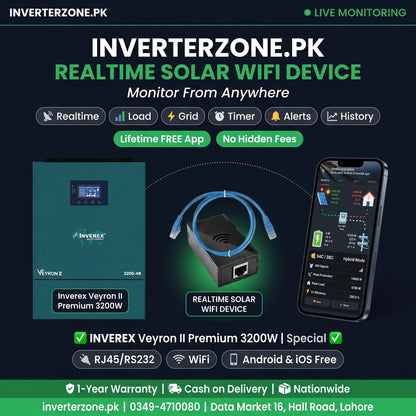 Advertisement for Inverterzone.PK solar WiFi device with Inverex Veyron II Premium 3200W inverter and smartphone app.