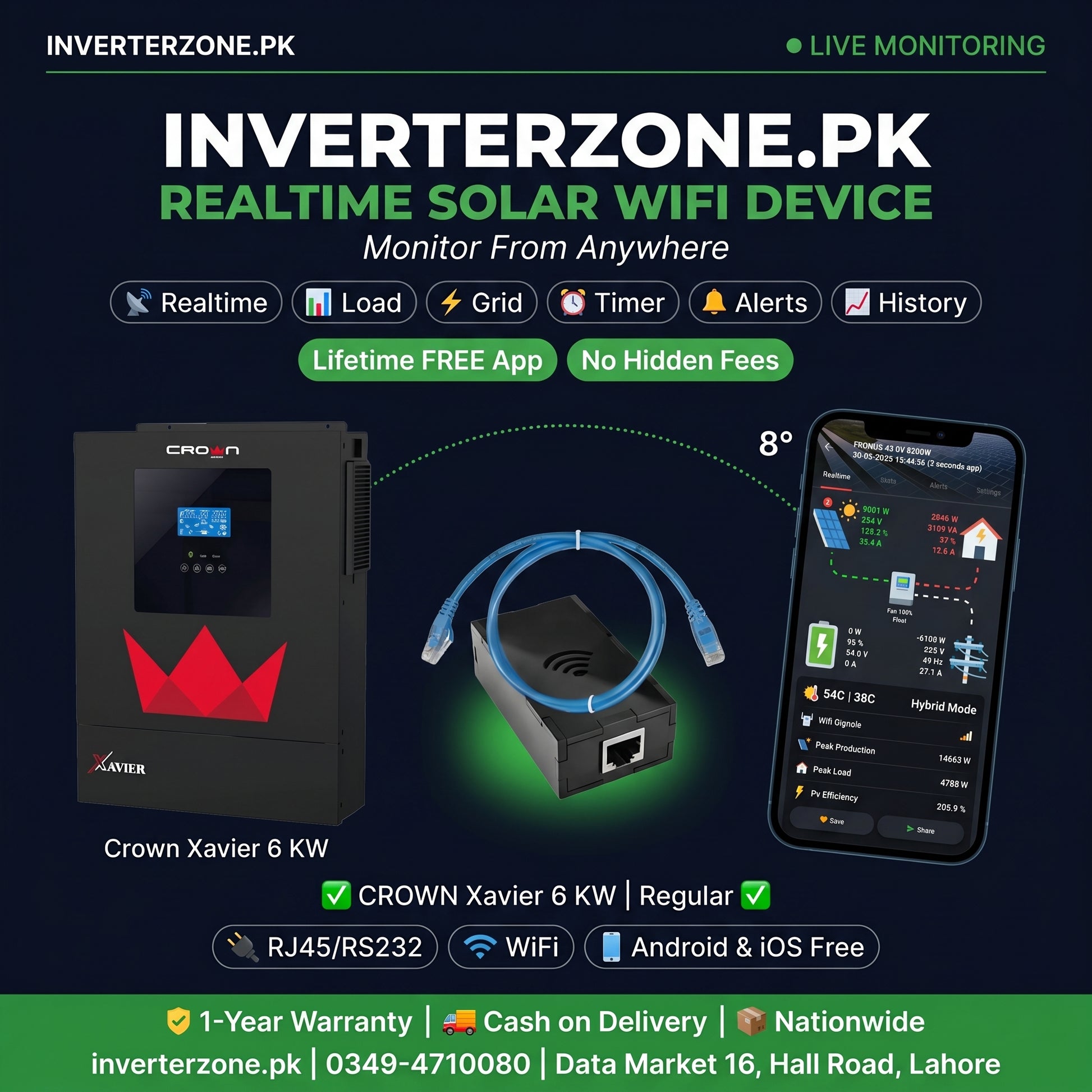 Inverterzone.PK solar WiFi device with Crown Xavier 6 KW inverter, cable, and smartphone app on a dark background.