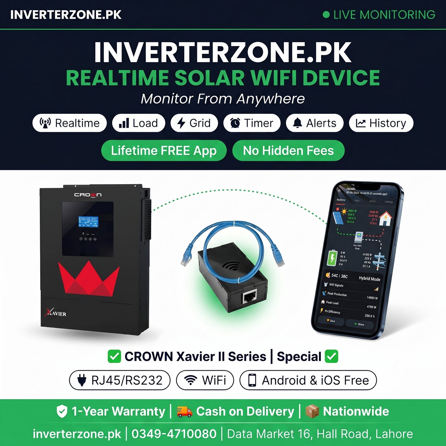 Advertisement for Inverterzone.PK solar WiFi device with Crown Xavier II Series inverter and smartphone app.