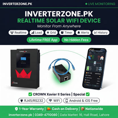 Advertisement for Inverterzone.PK solar WiFi device with Crown Xavier II Series inverter and smartphone app.