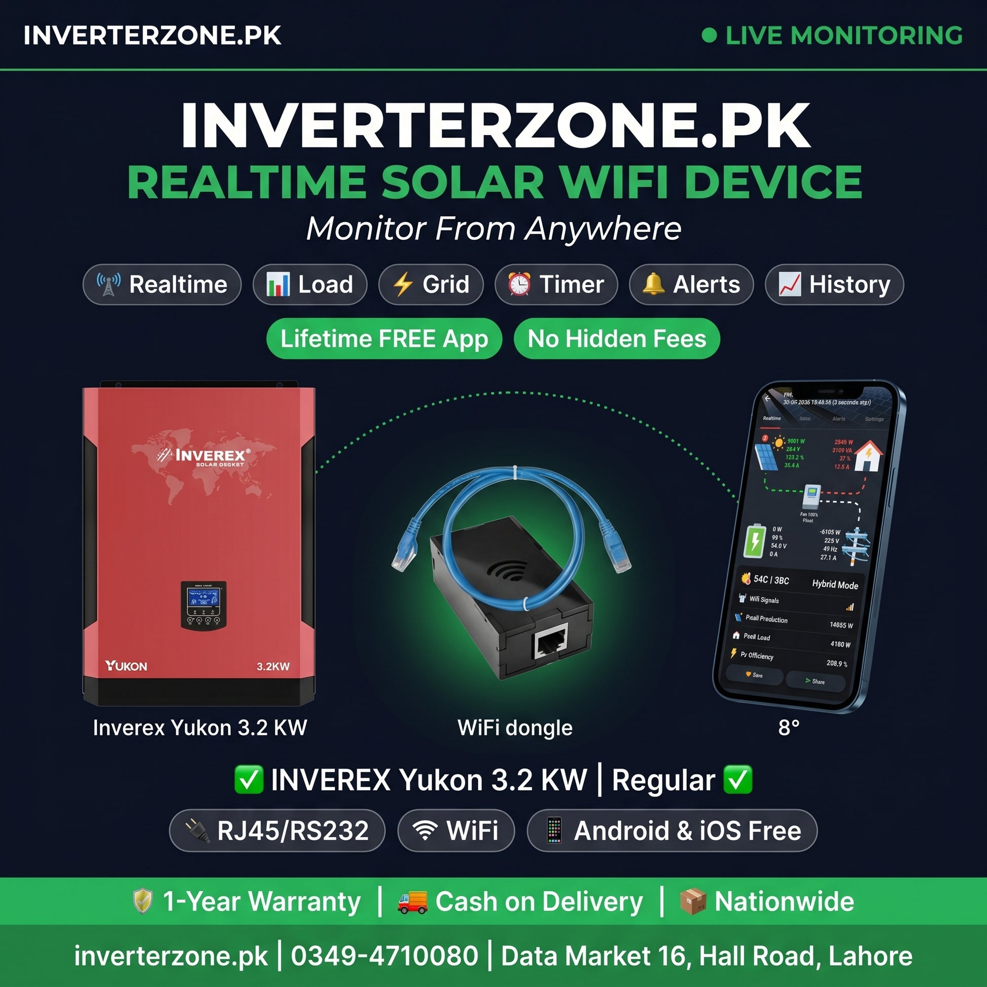 Advertisement for Inverterzone.PK's solar WiFi device with Inverex Yukon 3.2 kW inverter, WiFi dongle, and smartphone app.