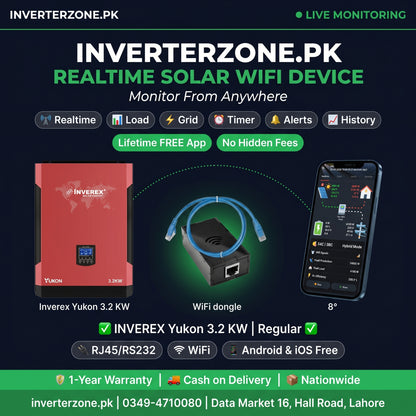 Advertisement for Inverterzone.PK's solar WiFi device with Inverex Yukon 3.2 kW inverter, WiFi dongle, and smartphone app.