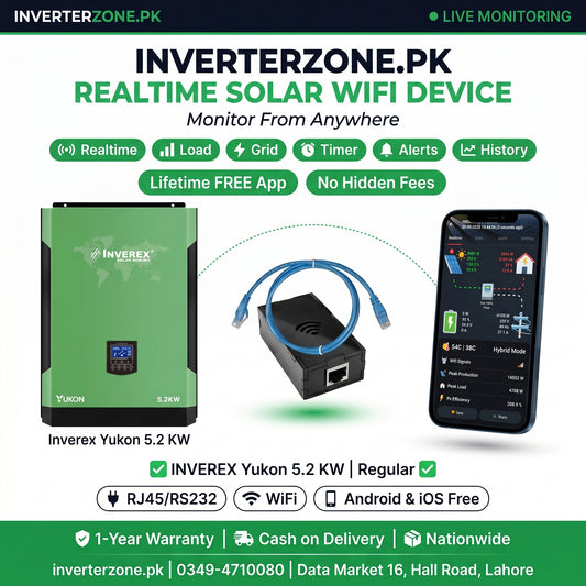 Inverterzone.PK solar WiFi device with Inverex Yukon 5.2 kW inverter and smartphone app on a white background.