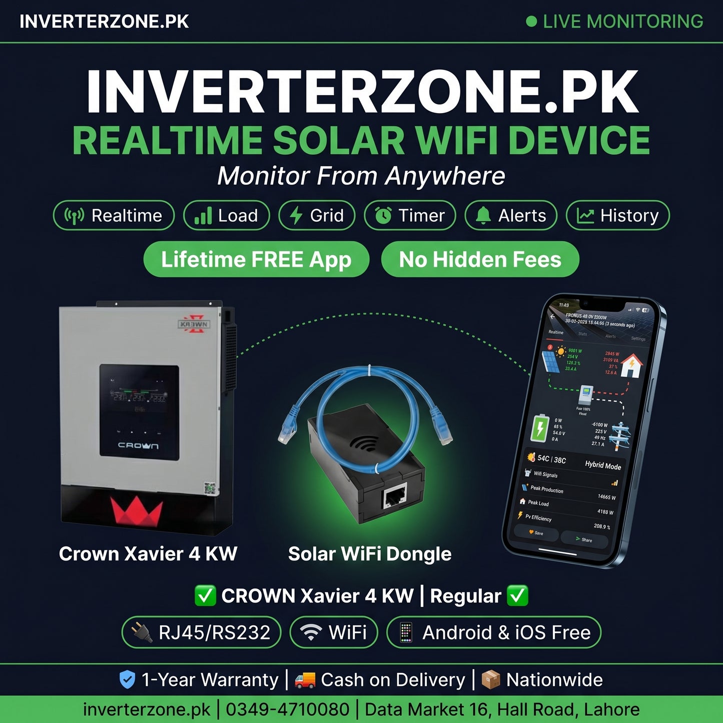 Advertisement for Inverterzone.PK solar WiFi device with Crown Xavier 4 KW inverter and smartphone app.