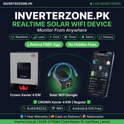 Advertisement for Inverterzone.PK solar WiFi device with Crown Xavier 4 KW inverter and smartphone app.